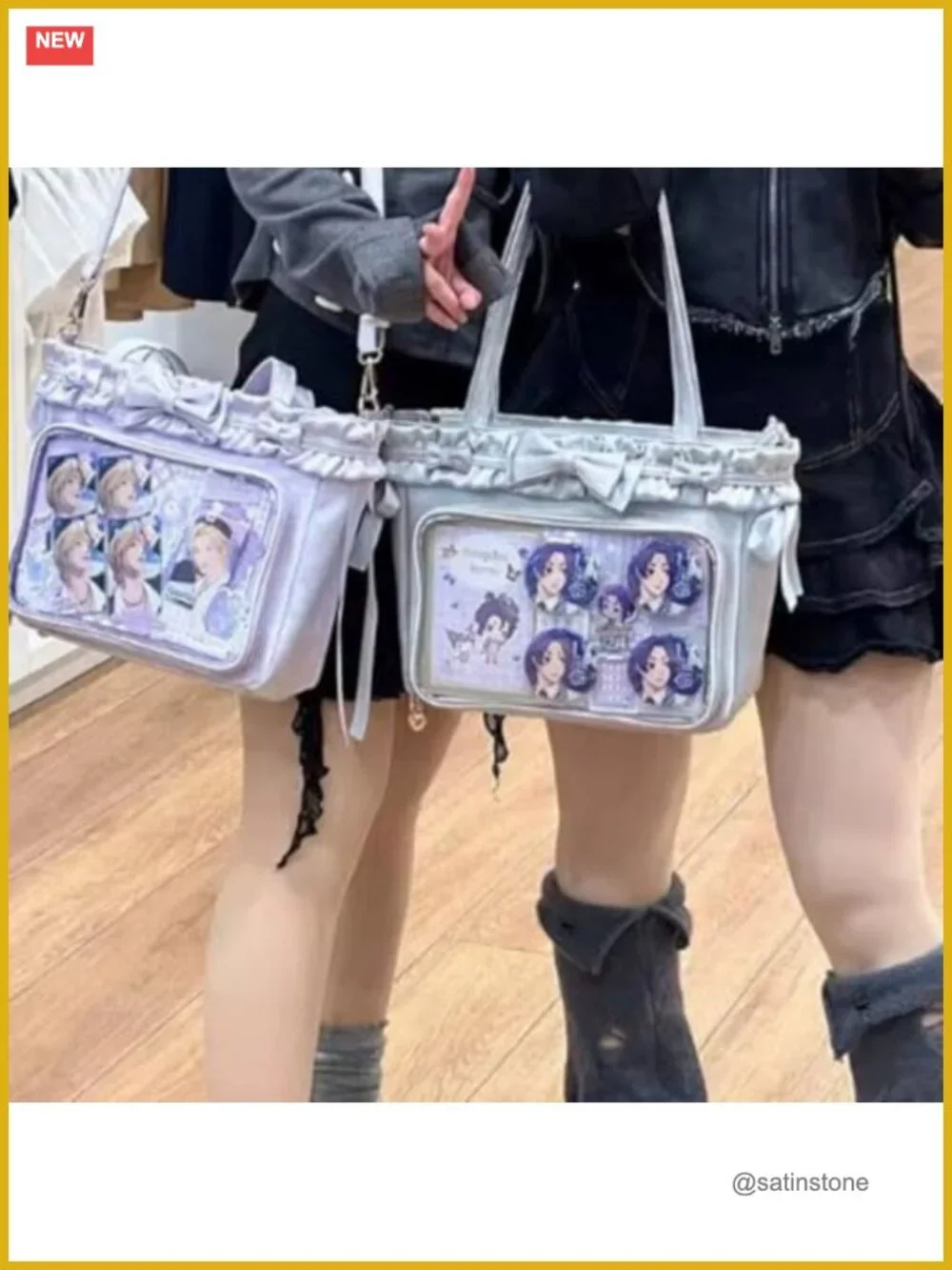 PU Leather Lolita Ita Bag with Display Window, Ruffle Trim Tote Shoulder